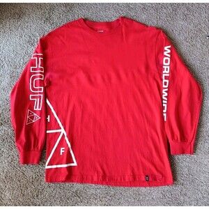 Huf Worldwide Long Sleeve Shirt Men's Size Large Graphic Red Shirt